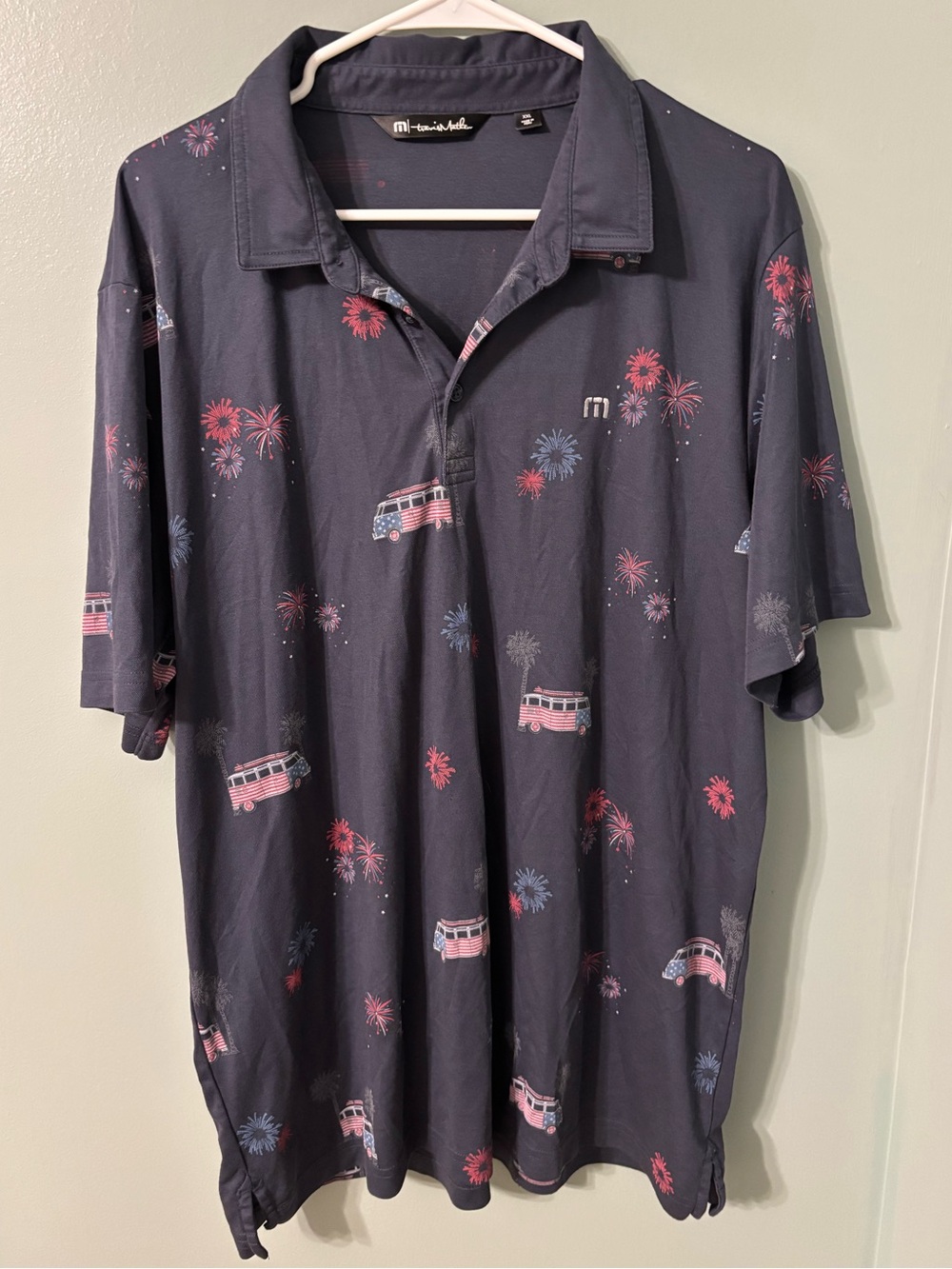 Travis Mathew Navy Golf Polo with Red & Light Blue Firework and Van Print XXL